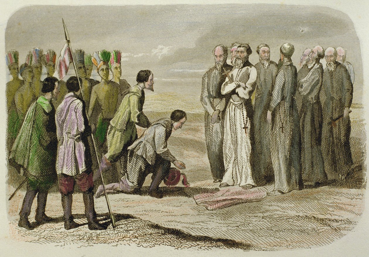 Cortes u nohou Martina de Valencia (ručně kolorovaná rytina) od French School