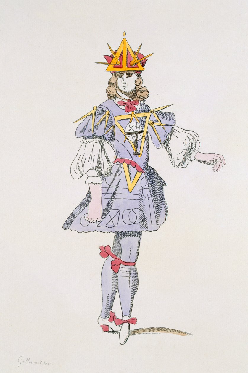 Kostýmní návrh pro Geometry v dvorním baletu 17. století z kolekce Menus Plaisirs, faksimile A. Guillaumot Fils (barevná rytina) od French School
