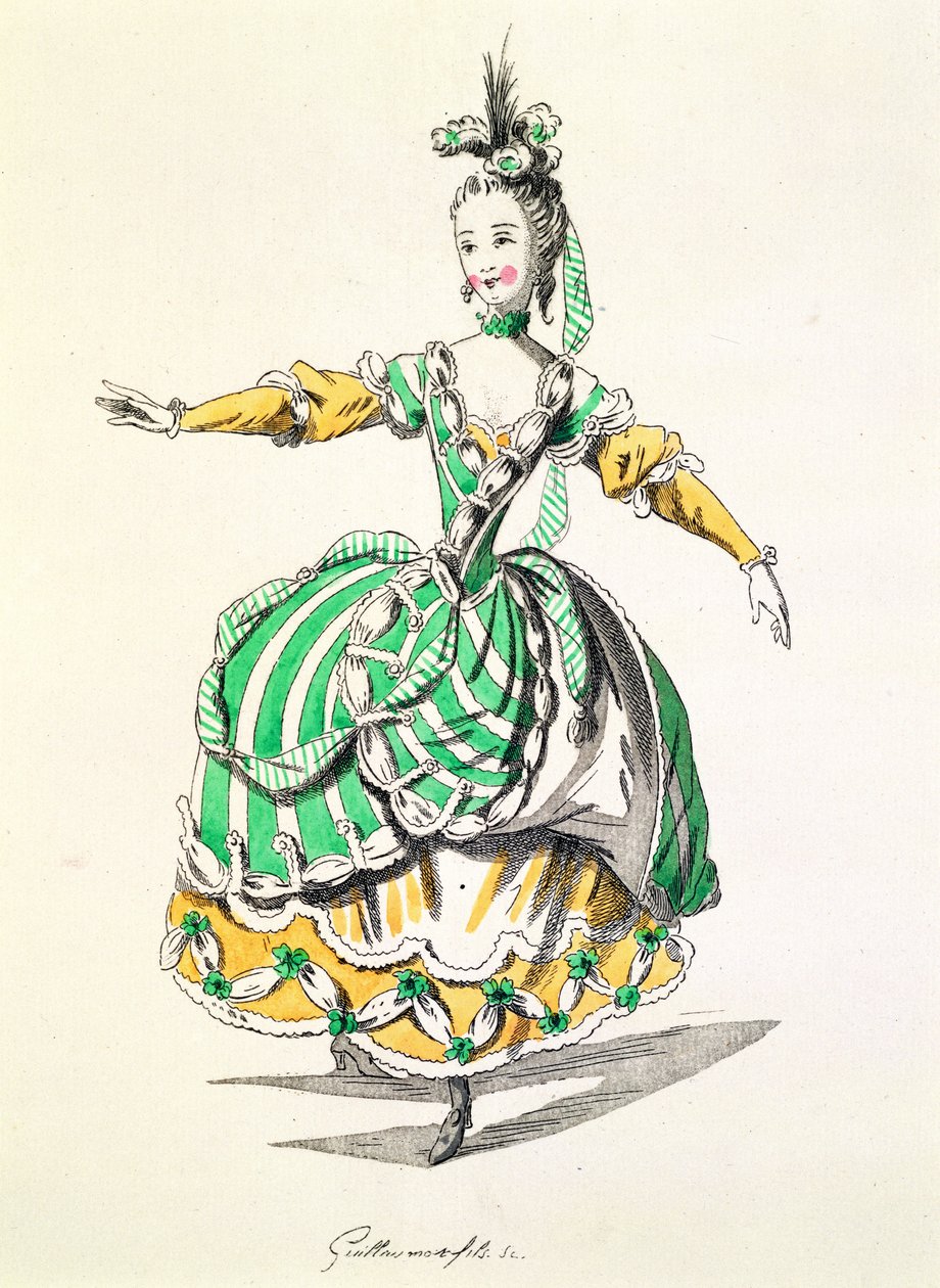 Kostýmní návrh pro Phrygienne, in Dardanus, libreto Leclerc de Labruere, složil Jean-Philippe Rameau (1683-1764), faksimile A. Guillaumot Fils (barevná rytina) od French School