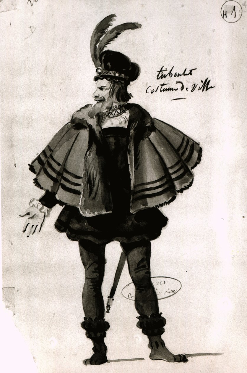 Kostýmní návrh pro Triboulet, v Le Roi samuse (1832) od Victora Huga (1802-85), 1832 (pero a inkoust na papíře) od French School