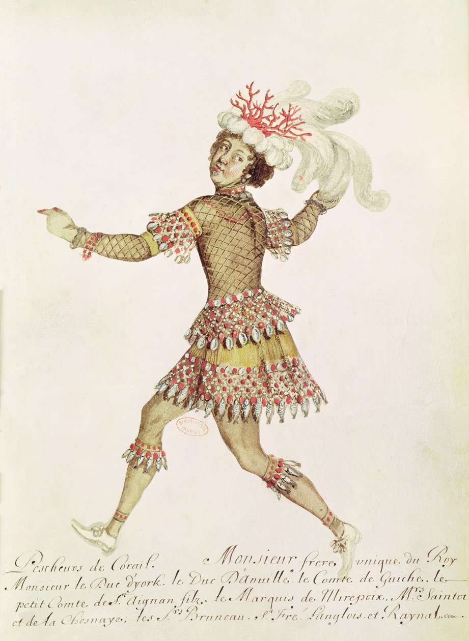 Návrh kostýmu pro lovce korálů pro Sňatek Thetis a Pelea od Francesca Cavalliho (1602-76) 1654 (wc na pergamenu) od French School