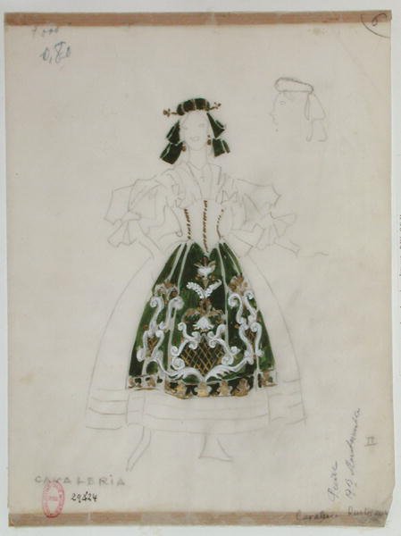 Kostýmní návrh pro operu Cavalleria Rusticana od Pietra Mascagniho (1863-1945) (tužka a wc na papíře) od French School