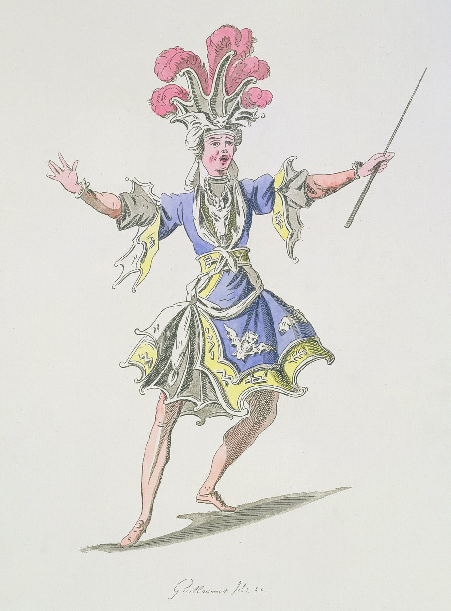Kostýmní návrh pro kouzelníka v Dardanu, libreto Leclerc de Labruere, složil Jean-Philippe Rameau (1683-1764), faksimile A. Guillaumot Fils (barevná rytina) od French School