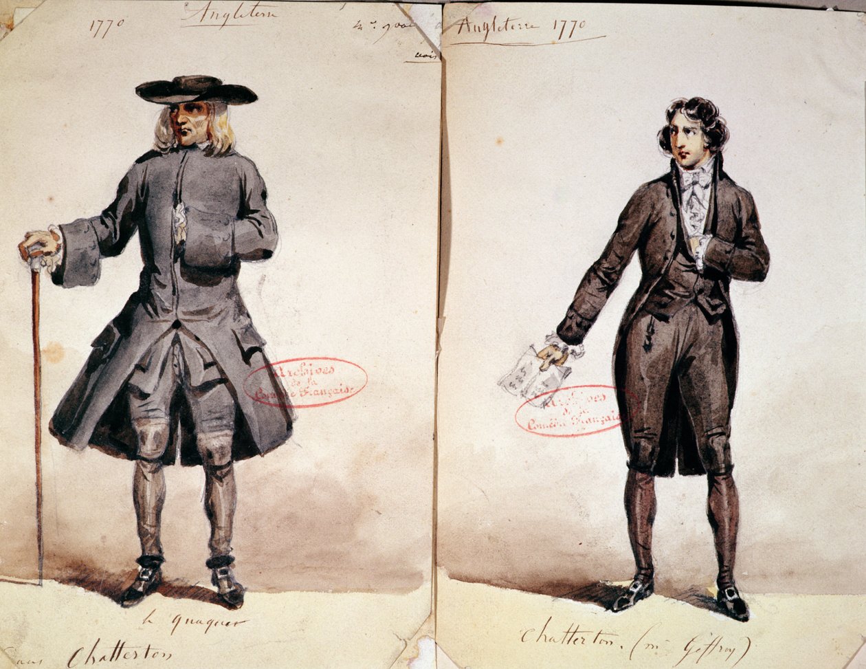 Kostýmní návrh pro první inscenaci Chatterton od Alfreda de Vigny (1791-1863): Quaker a Geffroy jako Chatterton, 1835 (wc na papíře) od French School