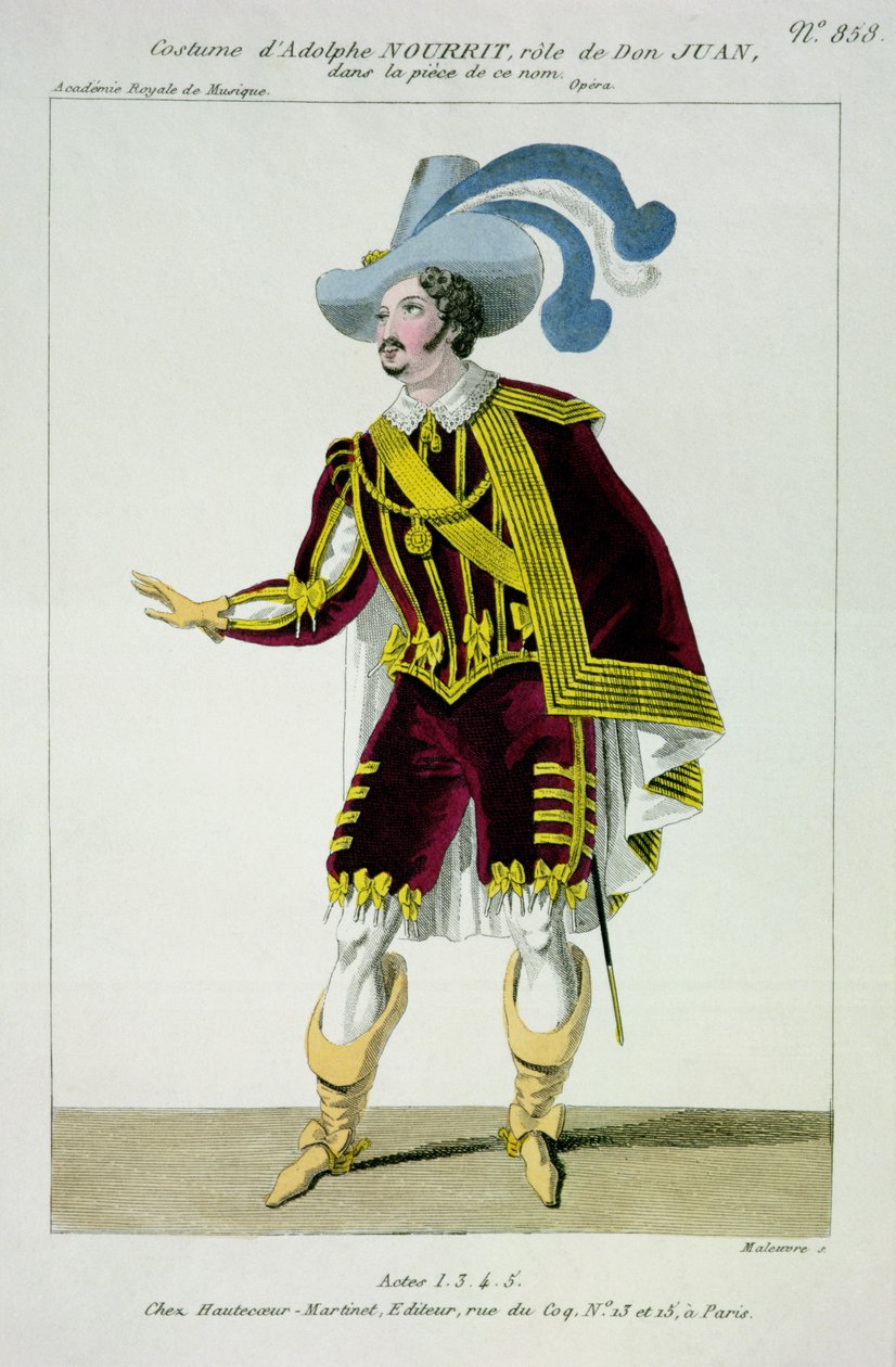 Kostým pro Adolphe Nourrit (1802-39) v úloze Dona Giovanniho v Opeře toho jména, rytina Maleuvre, tisk Hautecoeur-Martinet od French School