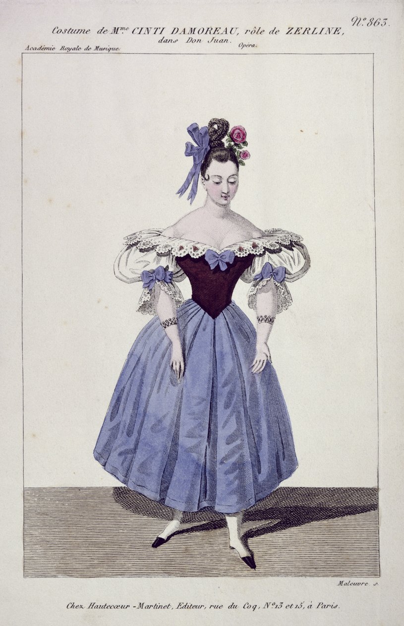 Kostým pro madame Cinti Damoreau v roli Zerliny v Donu Giovannim, rytina Maleuvre, tisk Hautecoeur-Martinet od French School