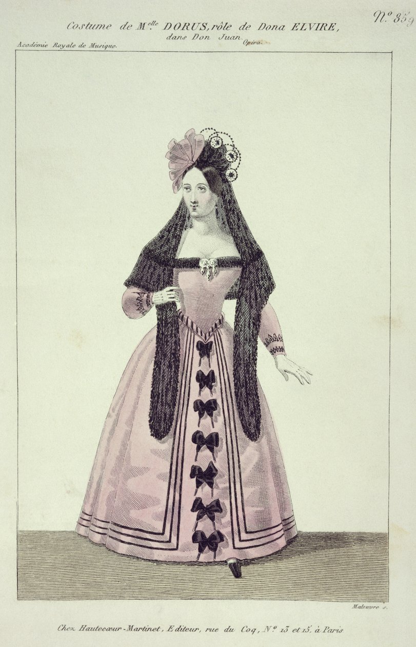 Kostým pro mademoiselle Dorus v roli Donny Elviry v Donu Giovannim, rytina Maleuvre, tisk Hautecoeur-Martinet od French School