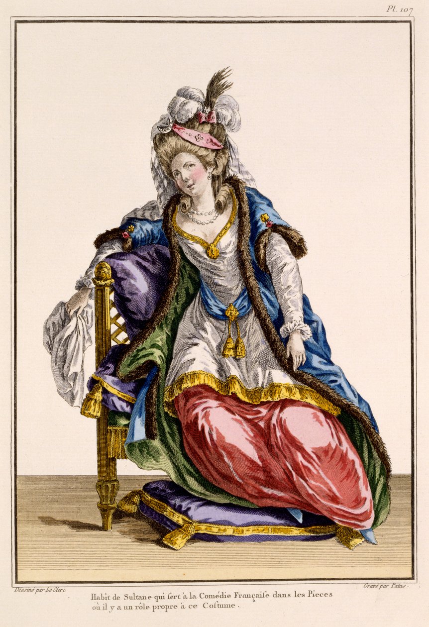 Kostým pro manželku Sultanů v La Comedie Francaise, tisk od Patuse (ručně kolorovaná rytina) od French School