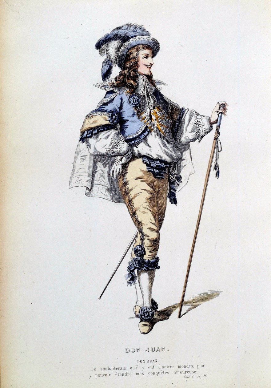 Kostým pro postavu Dona Juana ve scéně 2 dějství I stejnojmenného kusu Jeana Baptista Poquelina dit Moliere (1622-1673). Rytina Paříže 19. století, Comedie francaise od French School