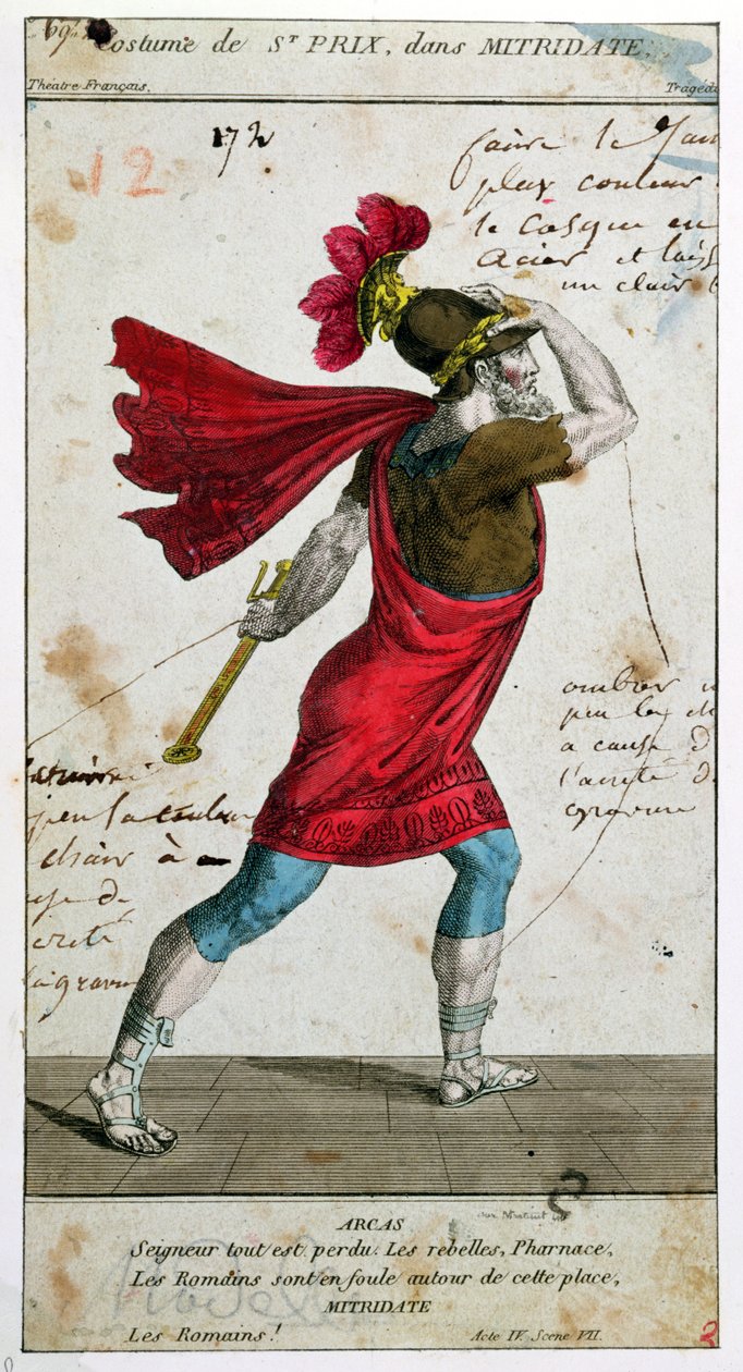 Kostým Saint-Prix v tragédii Mithridate od Racina, 18.19. století (barevná rytina) od French School