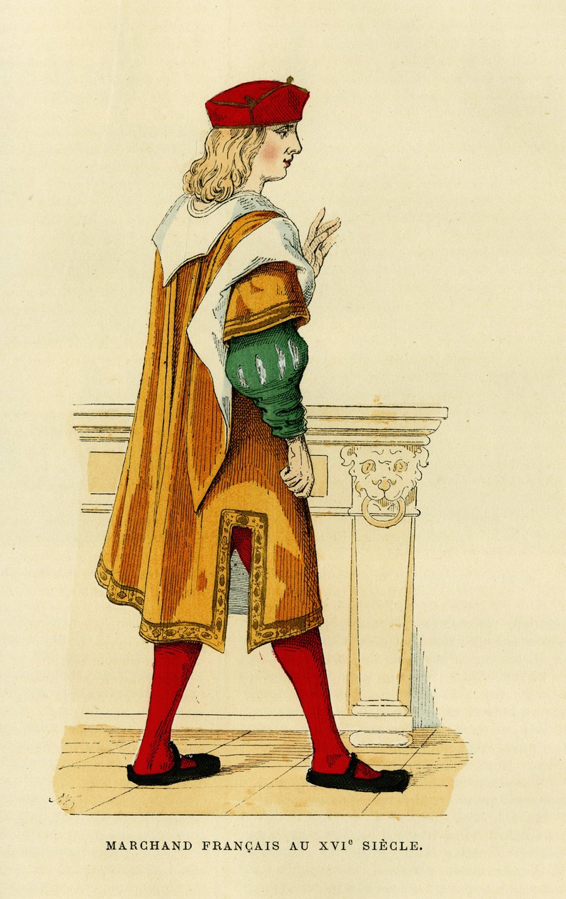 Kostým francouzského obchodníka v 17. století.Barevná rytina v knize "France et les francais a travers les centuries" od Augustina Challamela, editor F.Roy, Paříž 1882. Sbírka Selva. od French School