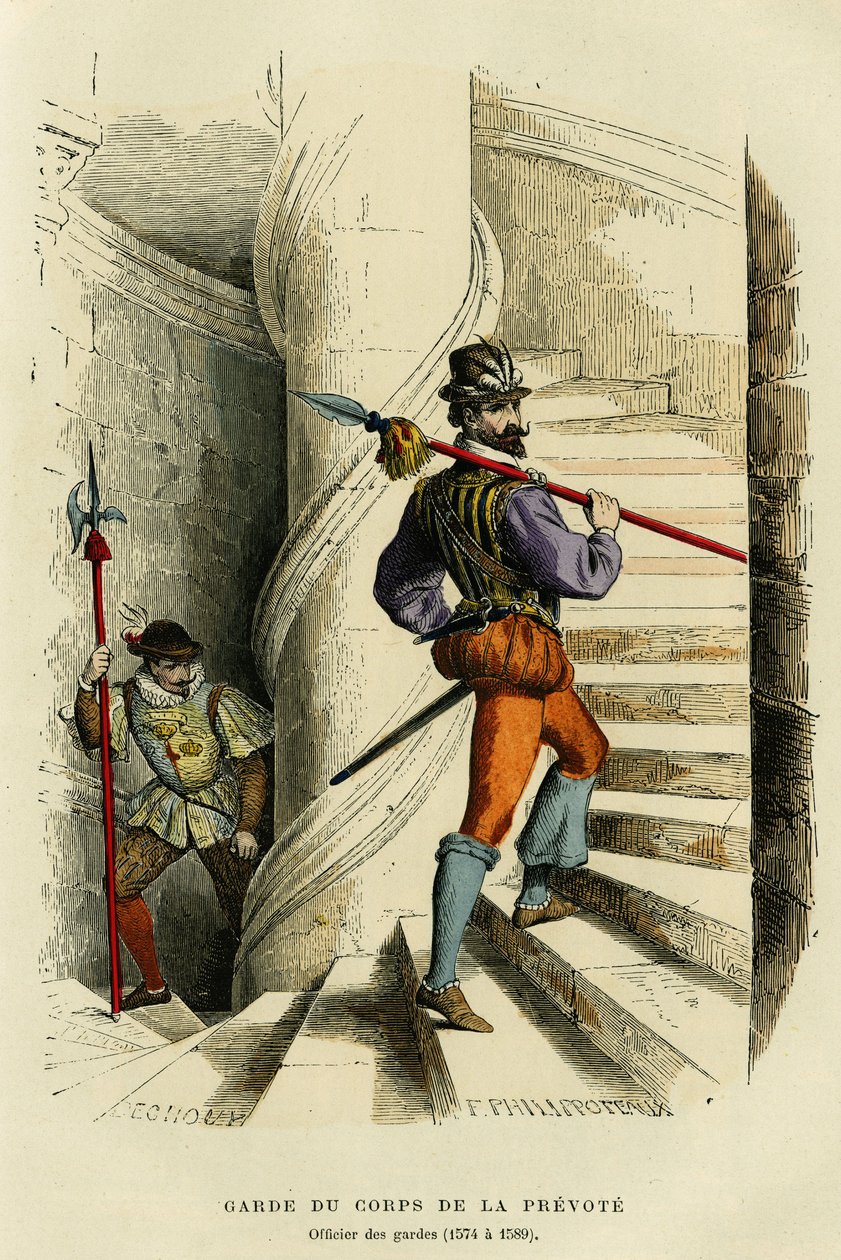 Kostým osobního strážce prevota, následovaný důstojníkem stráže (1574 a 1589). Barevná rytina, v „France et les francais a travers les siecles““ od Augustina Challamela, editora F. Roye, Paris 1882. Selva Collection. od French School