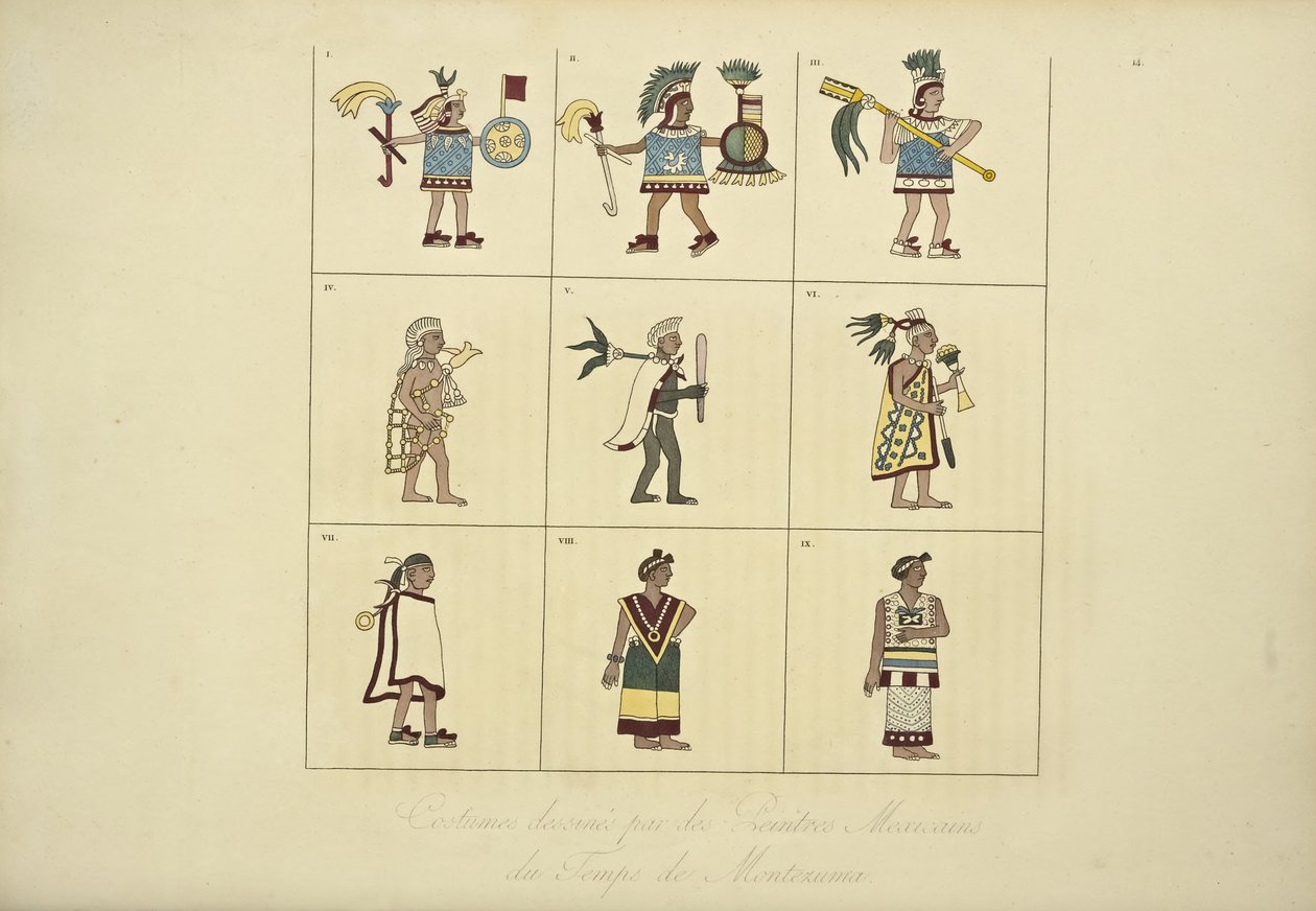 Kostýmy navržené mexickými malíři doby Montezumy, ilustrace z Vues des Cordillères et Monumens des Peuples Indigènes de lAmérique od Alexandra von Humboldta a Aime Bonpland, 1 od French School