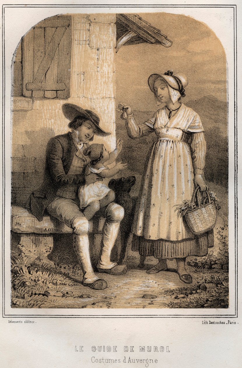 Kostýmy z Auvergne - Le guide de Murol - rytina do „“ Vzpomínky a příběhy z večerů mého strýce“ od MORING MICHEL - konec 19. století od French School