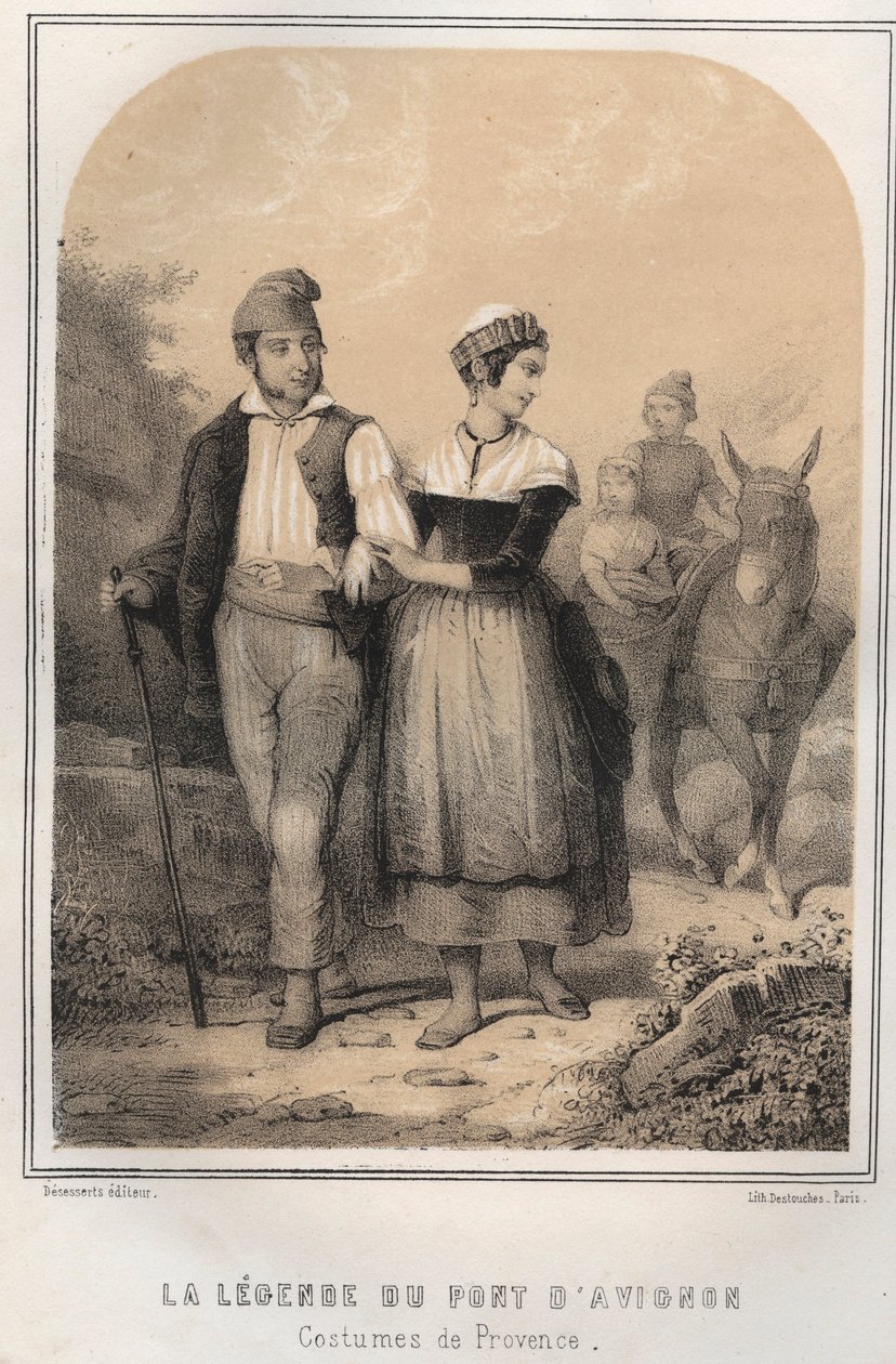 Kostýmy de Provence - legenda o mostě v Avignonu - rytina v „SOURIES OF MON ONCLE MEMORIES ET RECITS DE Voyages“ od MORING MICHEL - konec 19. století od French School