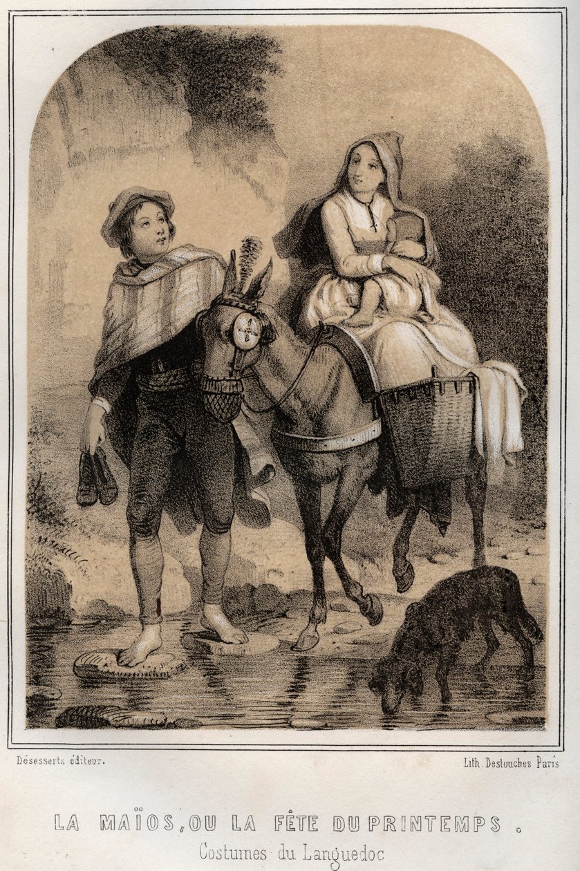 Kostýmy z Languedocu - Maios nebo jarní festival - rytina do „“ZDROJE VZPOMÍNEK MÉHO STRÝČE A CESTOVNÍCH RECITTS“ od MORING MICHELA – konec 19. století od French School