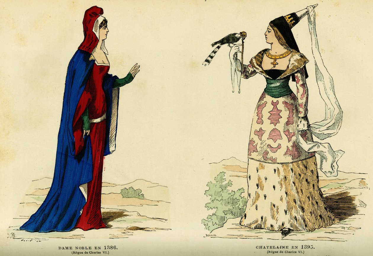 Kostýmy urozené dámy v roce 1386 a šatnářky v roce 1395 (vláda Karla VII. 1403-1461). Barevná rytina, in "France et les francais a travers les centuries" Augustin Challamel, F.Roy editor, Paris 1882. Sbírka Selva. od French School