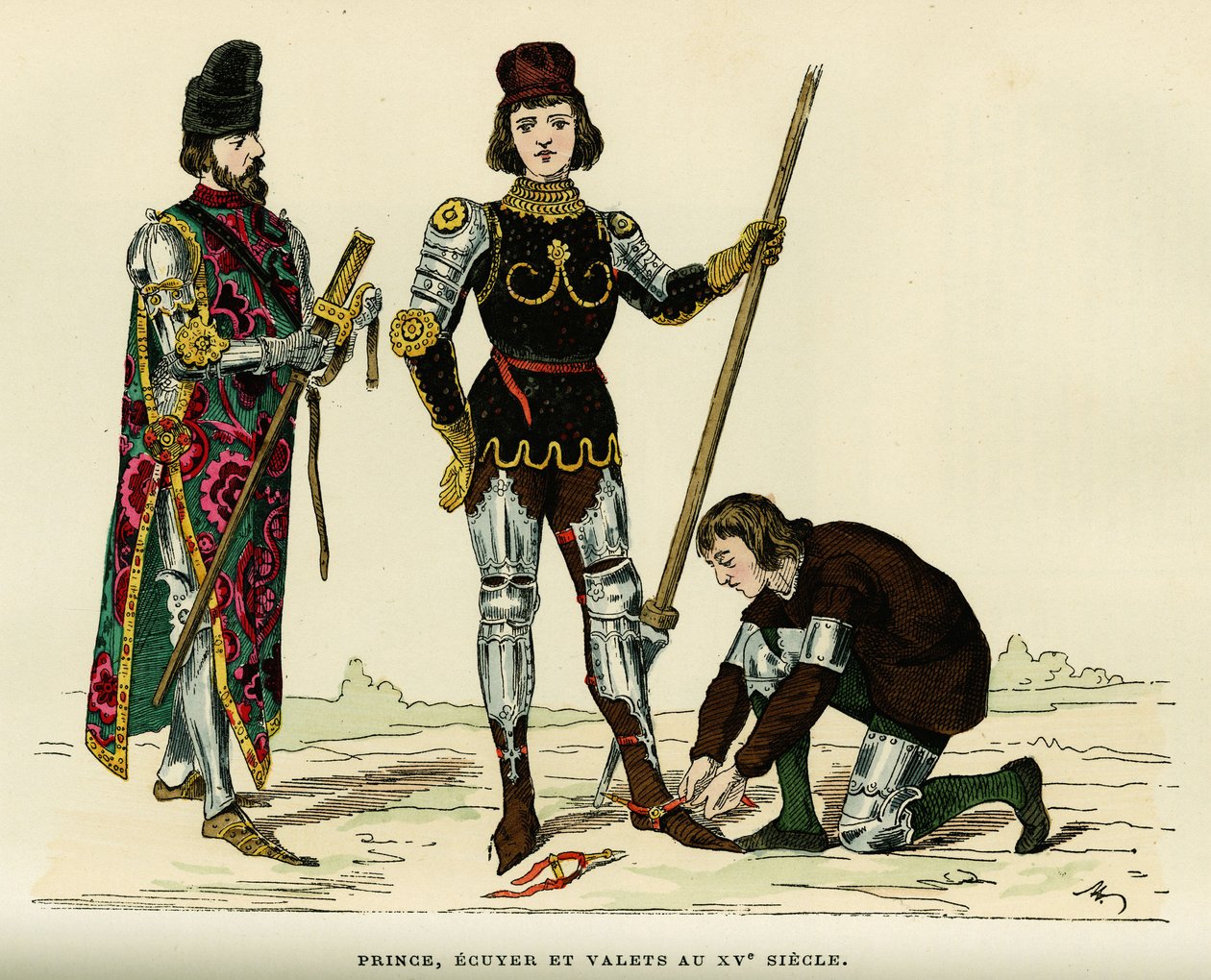 Kostýmy prince, jeho ecu a jeho komorníka, v 15. století. Barevná rytina, v „France et les francais a travers les století““ od Augustina Challamela, editora F. Roye, Paříž 1882. Selva Collection. od French School