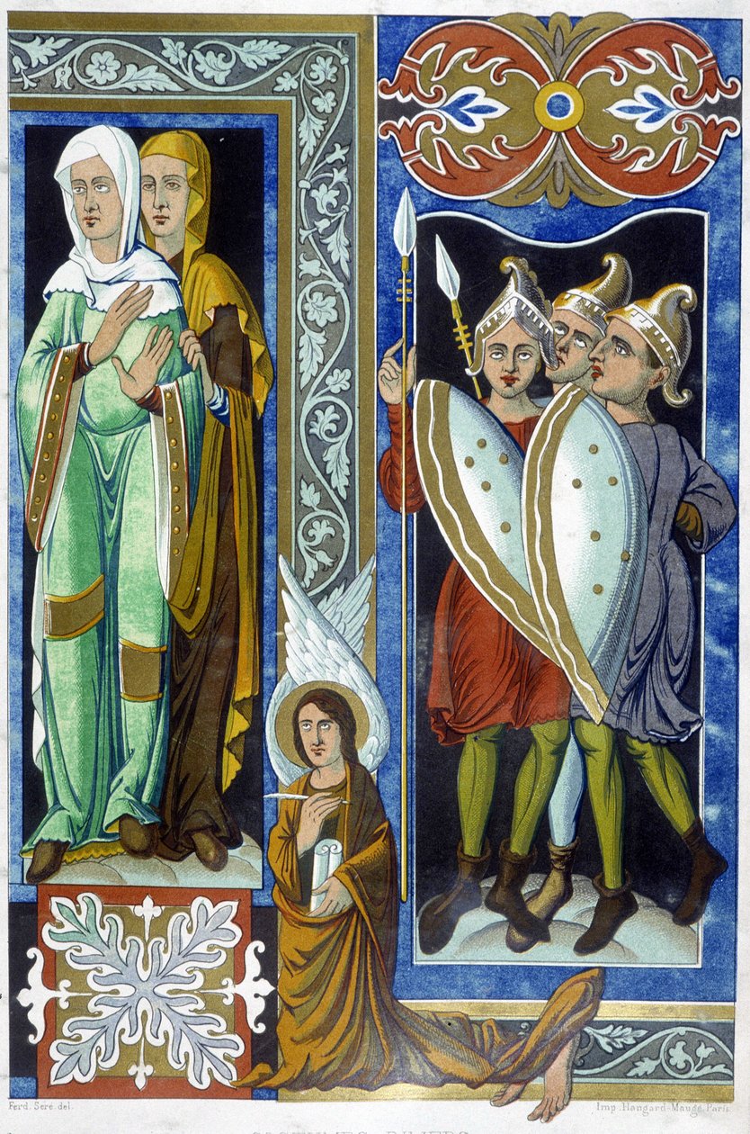 Kostýmy 9. století, ilustrace z "Francie v 9. století". od French School