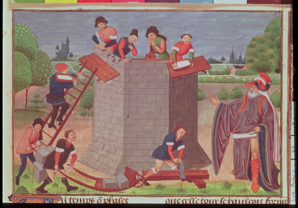 Cott Aug V fol. 22 Stavba babylonské věže, miniatura z „Le Tresor des Histoires“ (vellum) od French School