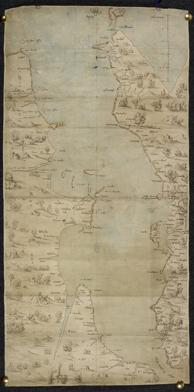 Cotton Augustus I ii f.65 Mapa Lamanšského průlivu (anglické jižní pobřeží a francouzské severní pobřeží) od Jean Rotz od French School