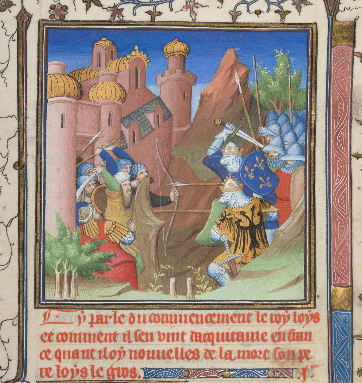 Cotton Nero E II pt.1, f.222, bitva Ludvíka VII. a jeho otce, z Grandes Chroniques de France od French School