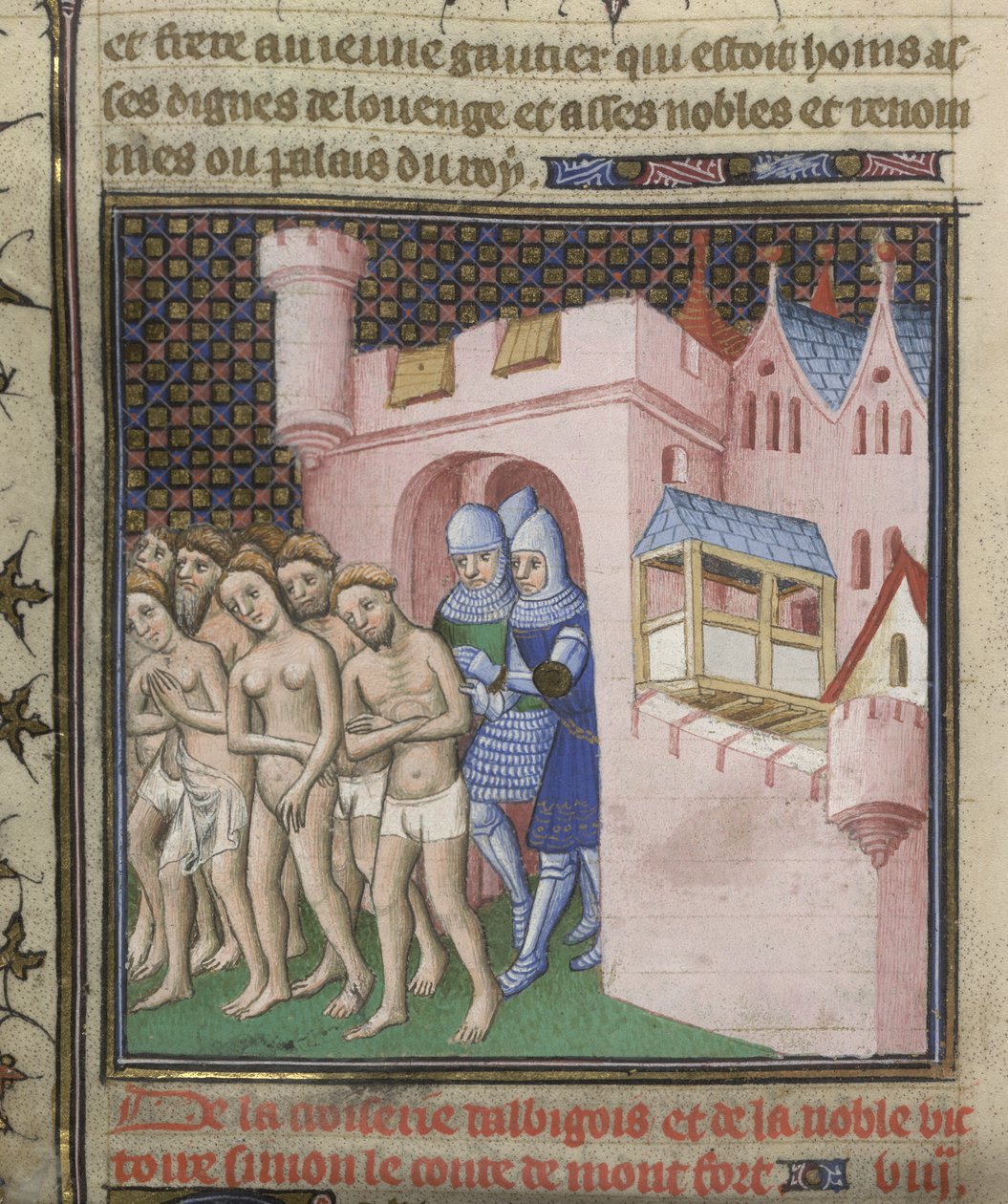 Bavlna Nero E. II pt.2, f.20v Vyhnání albigenských z Carcassone v roce 1209 z „Grandes Chroniques de France“, kolem 1415 (inkoust, barva a zlato na papíře) od French School