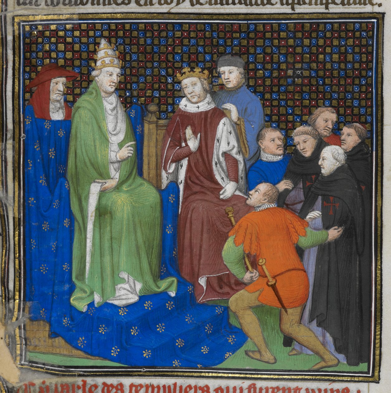 Bavlna Nero E II pt2 fol.100v Templáři před Filipem IV. (1268-1314) a papežem Klementem V. (asi 1260-1320), z 