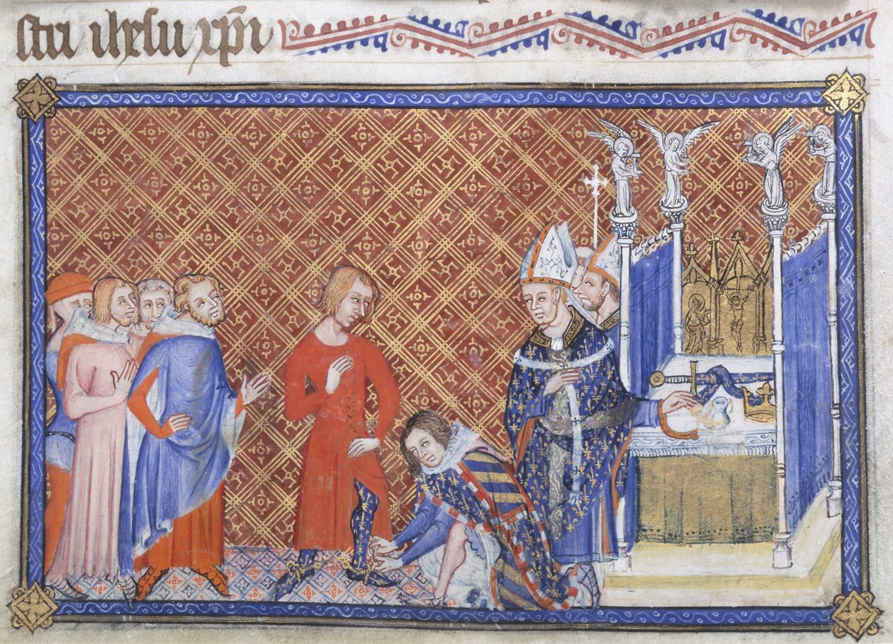 Bavlna Tiberius B VIII f.48v Filip Smělý, vévoda z Burgundska vesty krále Karla V. s ostruhami, ilustrace z 