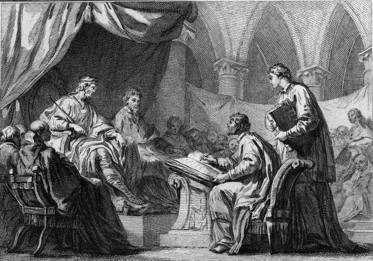 Council of Orleans, 511: Clovis I (466-511), král franků, účastnící se koncilu, který navázal spolupráci mezi králi Francie a katolickou církví. Rytina 18. století. od French School