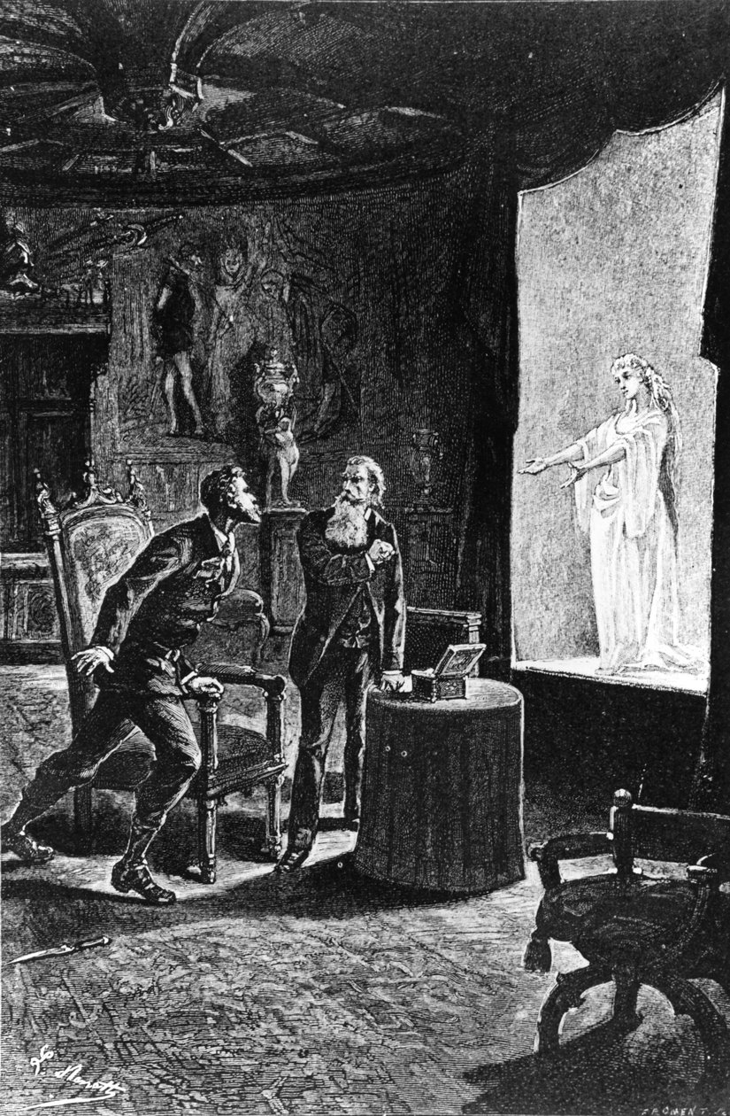 Hrabě Franz de Telek si myslí, že vidí svého bývalého milence La Stilla, ilustrace pro Karpatský hrad od Julese Verna, nakladatelství Hetzel, 1892 od French School