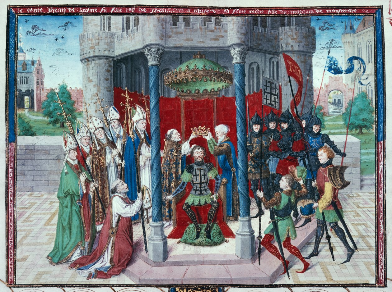 Hrabě Jean de Brienne, miniatura z knihy "Les chroniques de Jherusalem abregies", asi 1450 (tempera na pergamenu) od French School