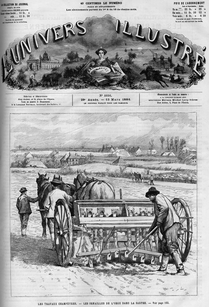 Venkovské práce: setí ječmene v Sarthe. Noviny. Gravírování v „“ Le Monde Illustré“, 13. března od French School