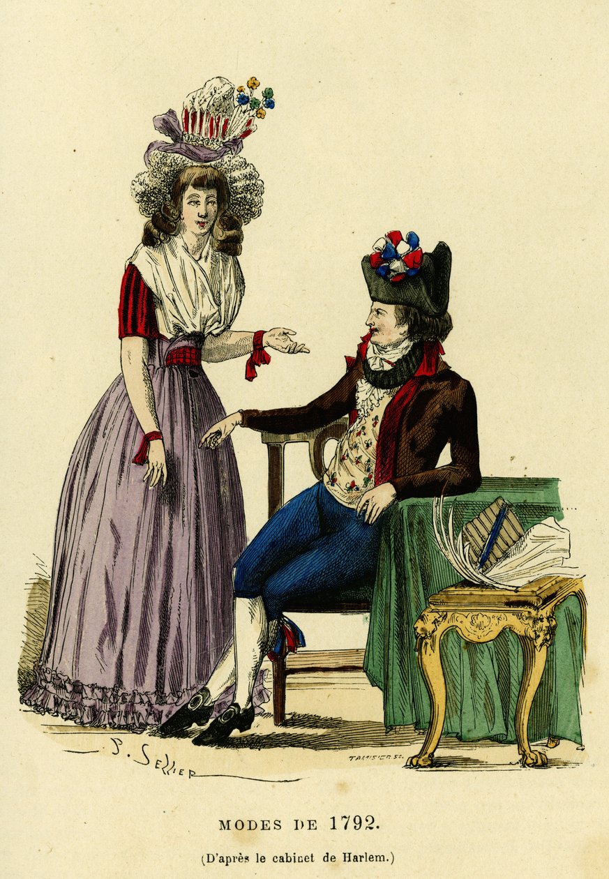 Pár v módě z roku 1792. Barevná rytina podle kresby Harlemova kabinetu, v „France et les francais a travers les siecles““ od Augustina Challamela, redaktora F.Roye, Paříž 1882. Selva Collection. od French School