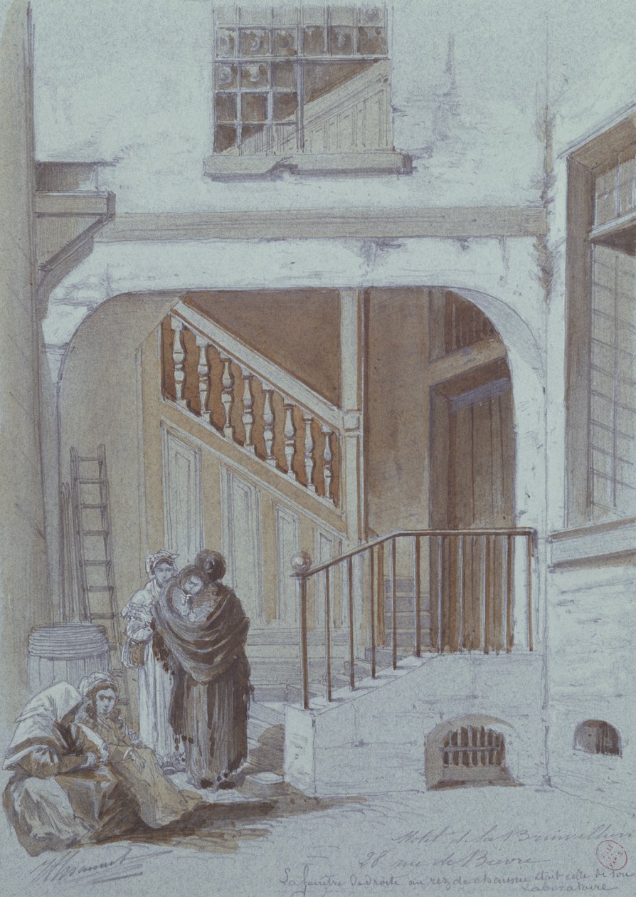 Nádvoří a laboratoř markýzy de Brinvilliers, 28 rue de Bievre, Paříž (křída a kvaš na papíře) od French School