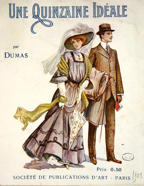 Obálka románu „Une Quinzaine Ideale“ od Alexandra Dumase (1824-95) 1908 (barevné lito) od French School