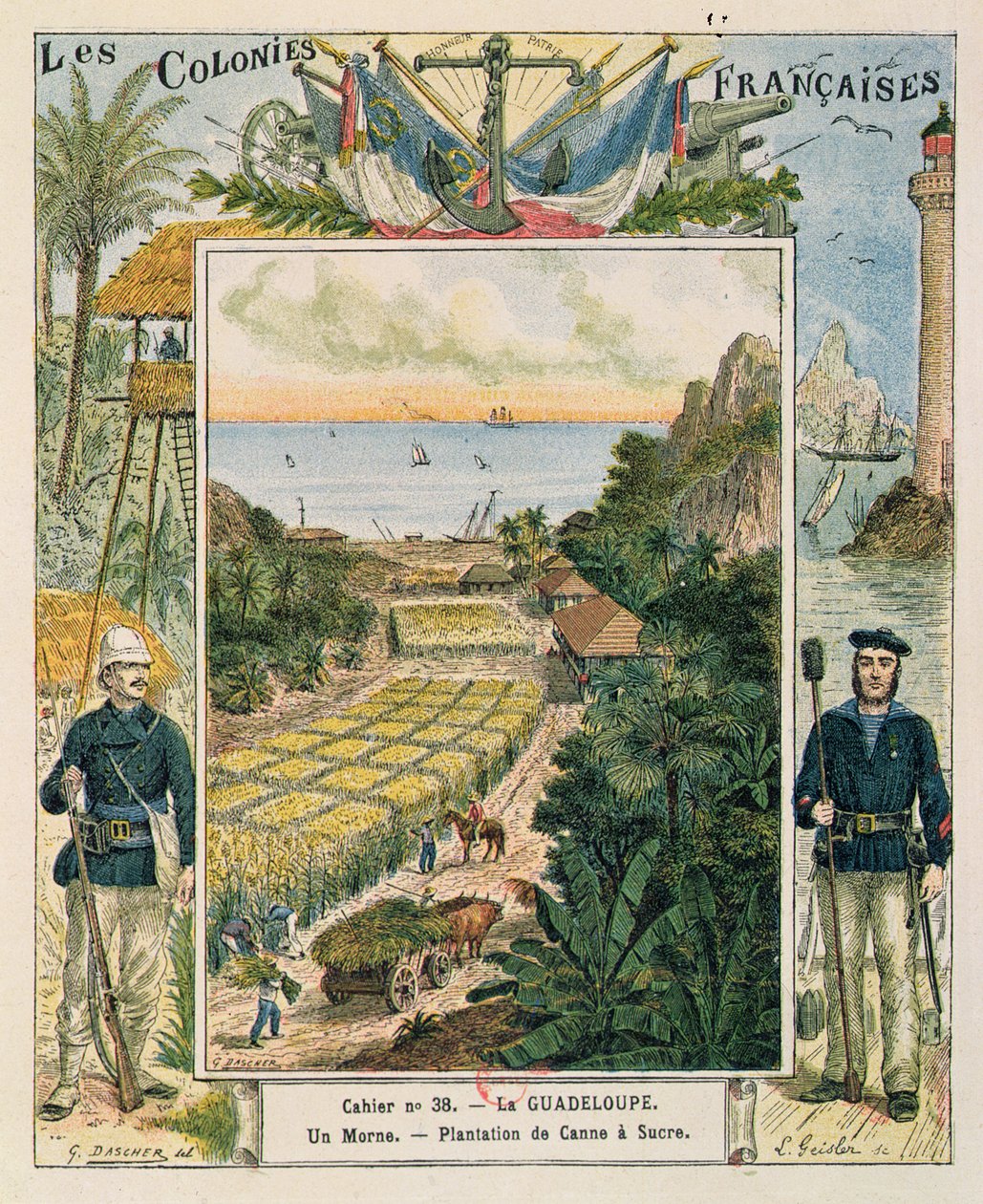 Obal na školní sešit zobrazující plantáž cukrové třtiny na Guadeloupe, 1892 od French School