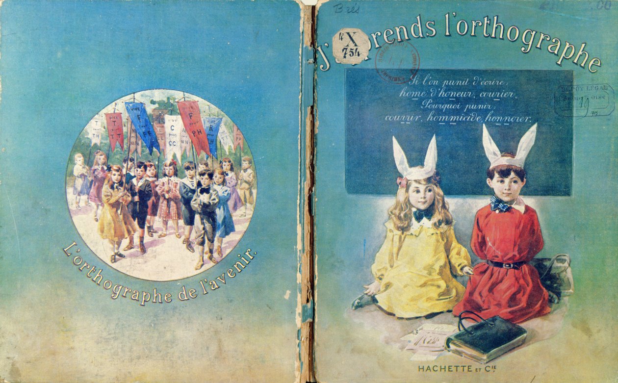 Obálka a zadní strana obálky francouzské školní učebnice o psaní, vydané nakladatelstvím Hachette v Paříži, 1905 od French School