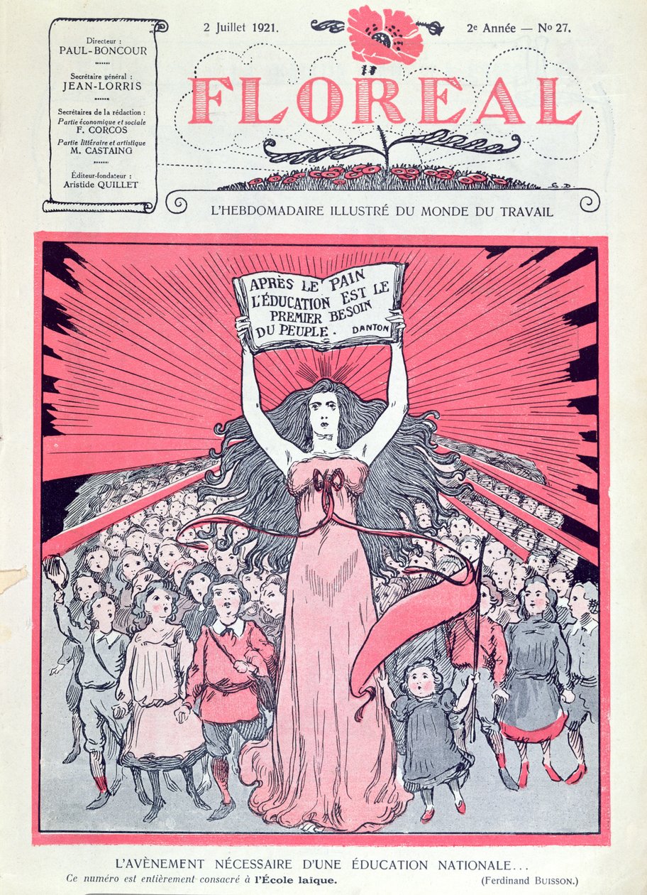 Obálka časopisu Floreal oslavující čtyřicáté výročí Ecoles Laiques ve Francii, 2. července 1921 od French School