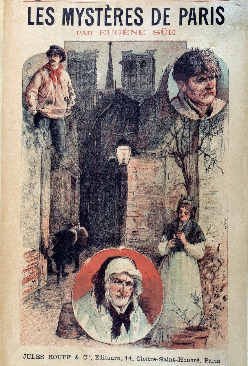Obálka „” Les mysteres de Paris”” od Eugena Sue (1804-1857), pohledy na pařížskou uličku a postavy od French School