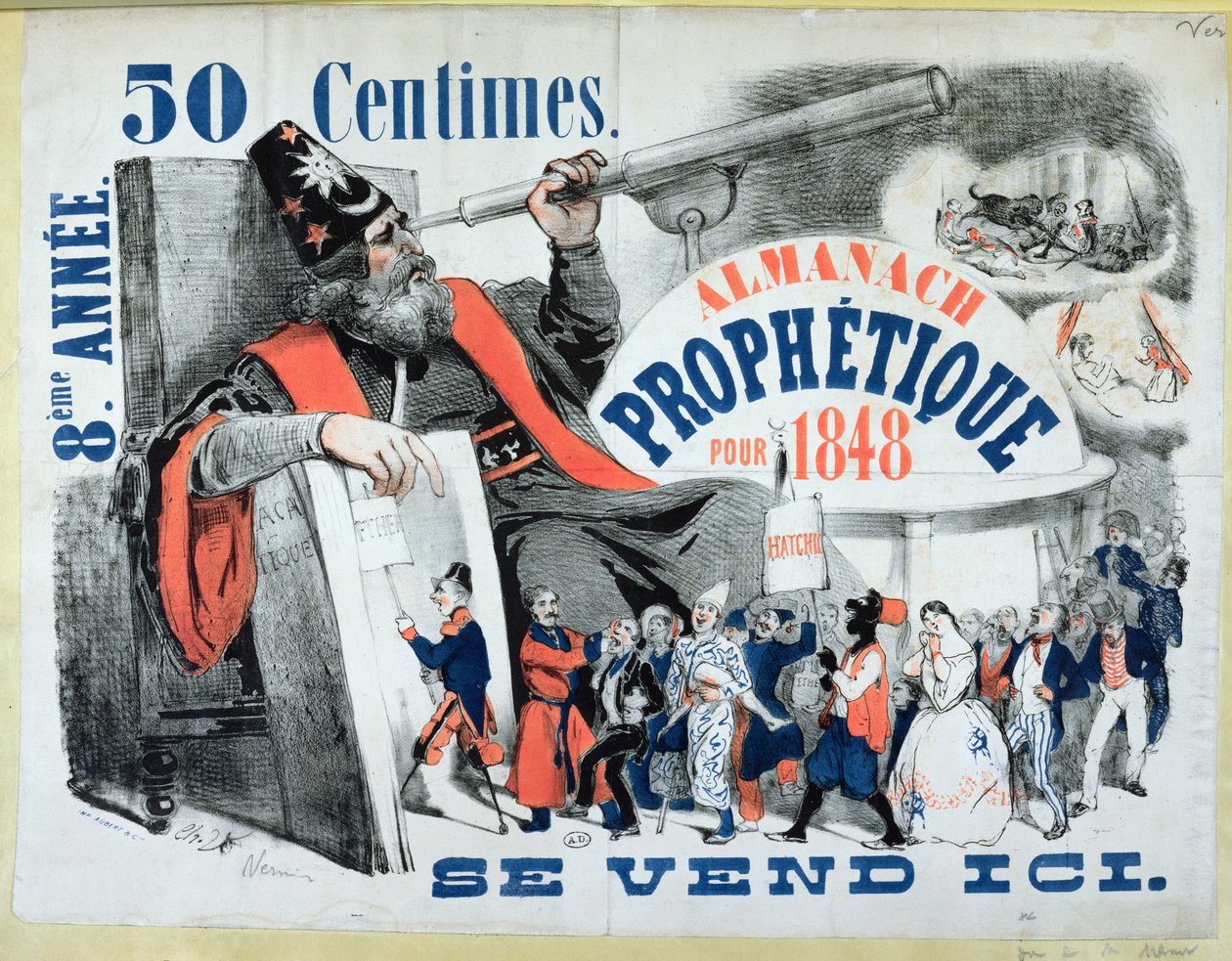 Obálka prorockého almanachu zobrazujícího Nostradama (1503-66) 1848 od French School
