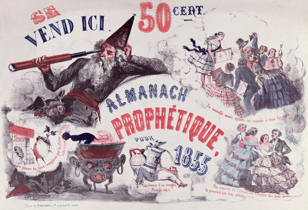 Obálka prorockého almanachu zobrazujícího Nostradama, 1855 od French School