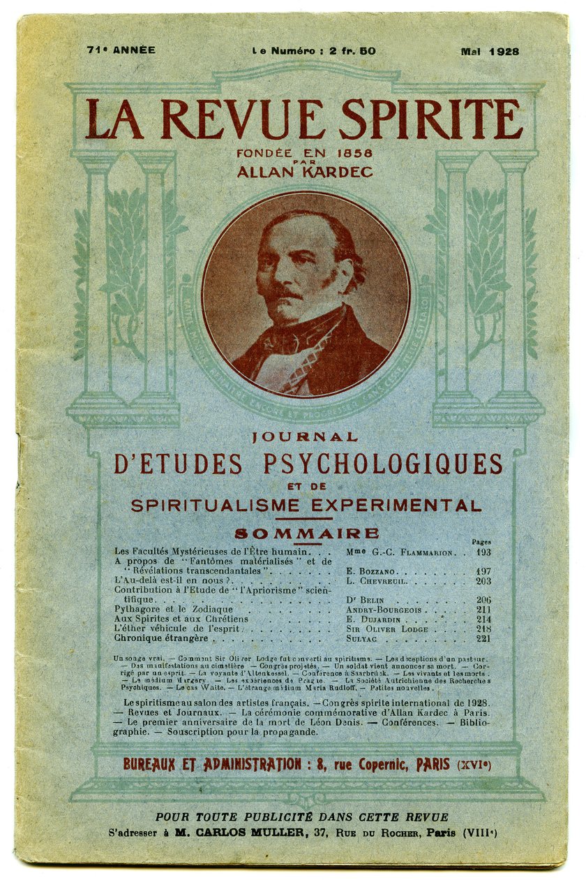 Obálka řady „“ La revue spirite “, čtvrtletníku věnovaného spritismu, psychologickým studiím a experimentálnímu spiritualismu, který založil Allan Kardec od French School
