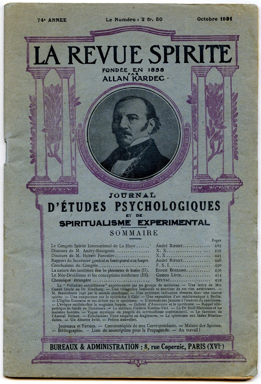 Obálka řady „“ La revue spirite “, portrét zakladatele Allana Kardece, časopis z října 1931 od French School