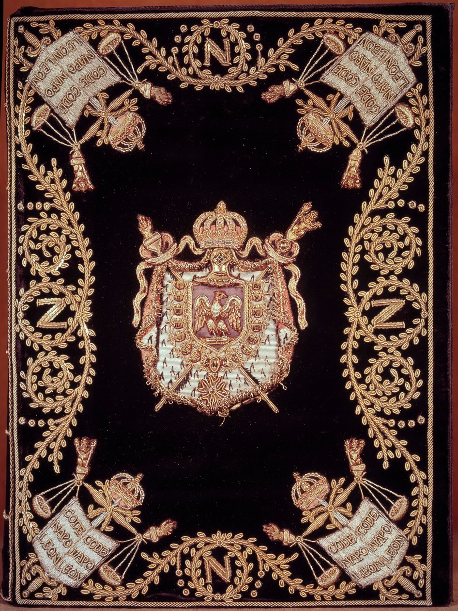 Obálka jednoho z dvanácti původních vydání „Code civil des francais““ vyhlášeného Napoleonem Bonapartem dne 21.3.1804. Je vázaná v sametové výšivce ze zlata a stříbra se znakem spravedlnosti a pažemi císaře. Francouzský zákon o občanských právech. B.N od French School