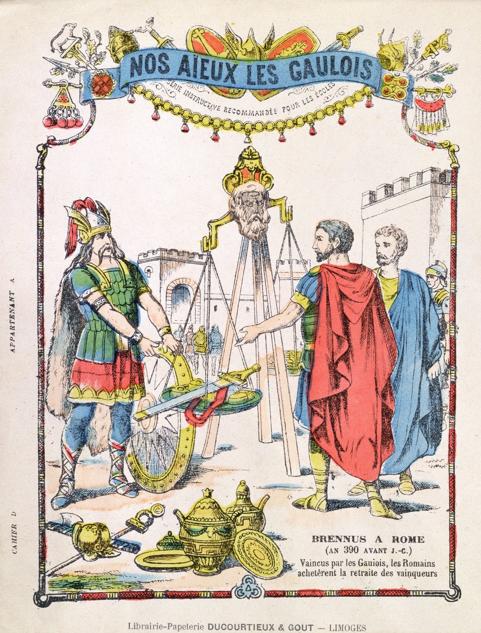 Obálka školního sešitu zobrazujícího legendu o Brennusovi (fl. c.389 př.nl) od French School