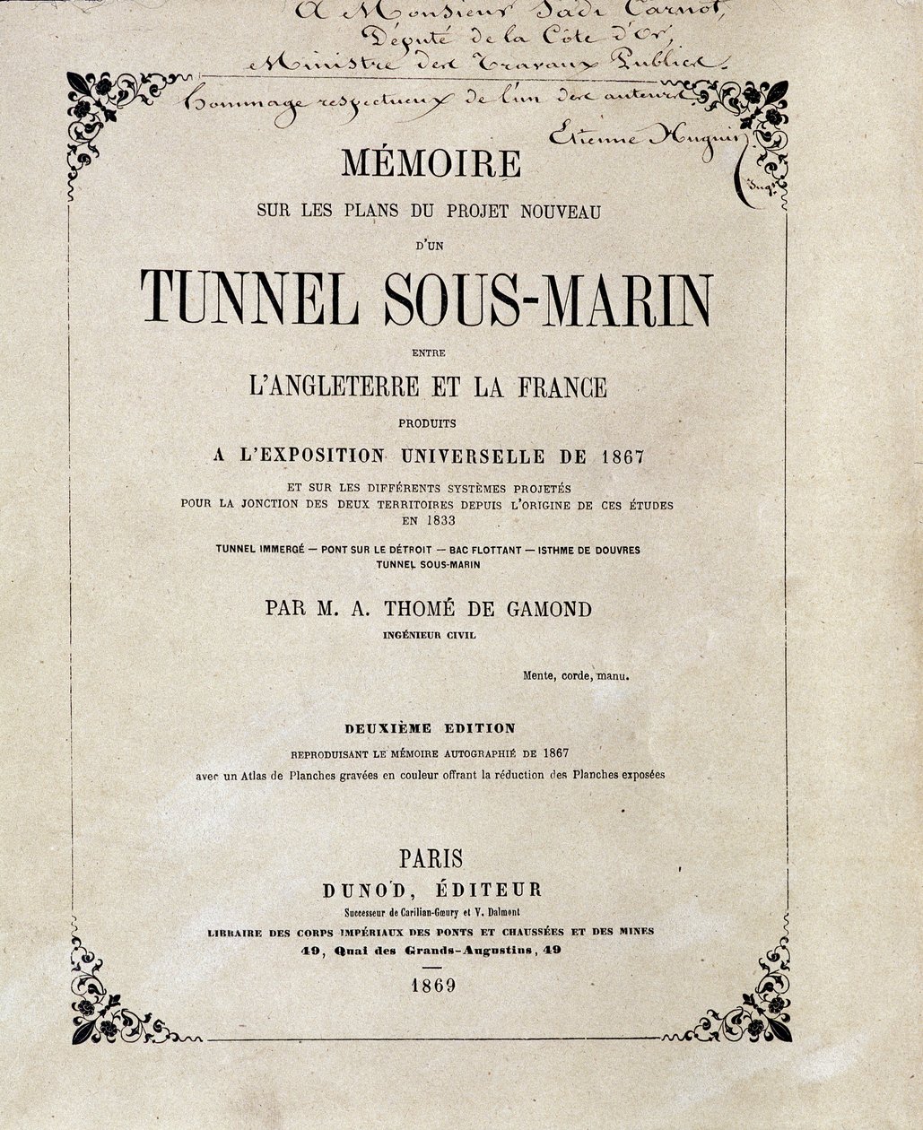 Obálka „“ Paměti o plánech nového projektu podvodního tunelu (pod vodou) mezi Anglií a Francií vyrobeného na Světové výstavě v roce 1867““ M.A. Thome de Gamond od French School