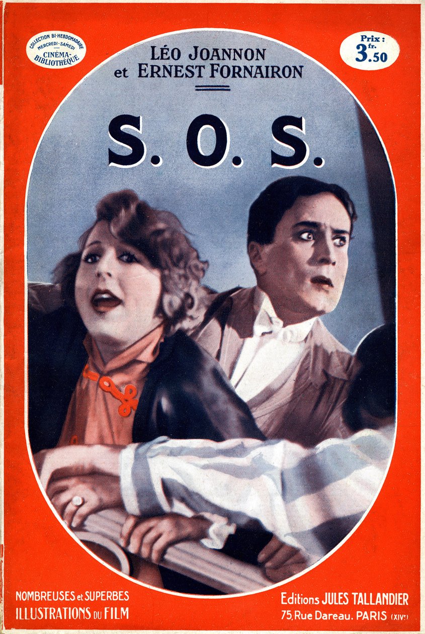 Obálka knihy S.O.S. (SOS) s obrázkem stejnojmenného filmu Carmine Gallone. Ilustrace zkratky volání o pomoc, tísňový signál z morseovy abecedy vstoupil v platnost v roce 1908. Vydání Jules Tallandier (litho) od French School