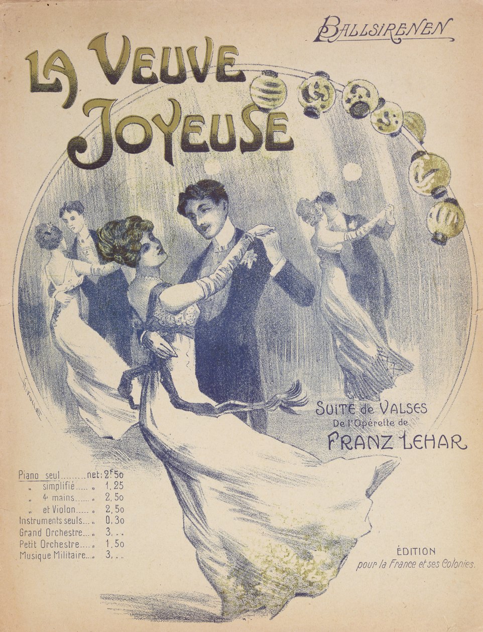 Obálka výsledkové listiny pro La Valse Ballsirenen z Veselé vdovy od Franze Lehara (1870-1948) od French School