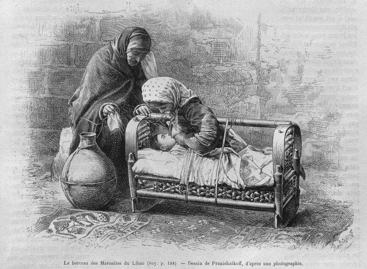 Kolébka maronitů, od La Syrie dauhui. Voyages dans la Phenicie, le Liban et la Judee. 1875-1880 Louise Charlese Emila Lorteta, 1884 (čb rytina) od French School